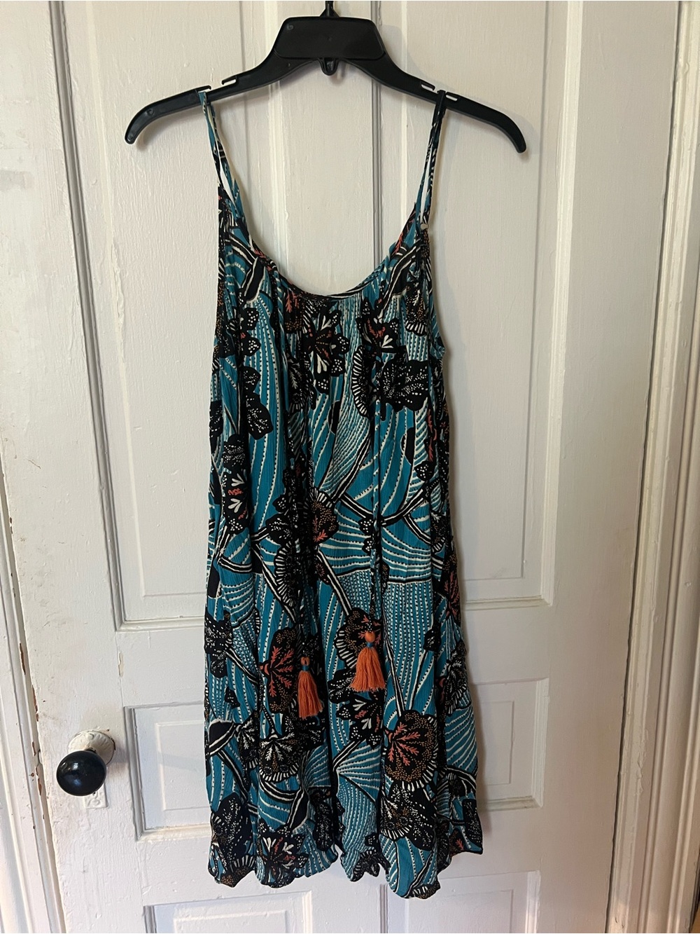 Anthropologie Teal Floral Midi Dress with Orange Tassels